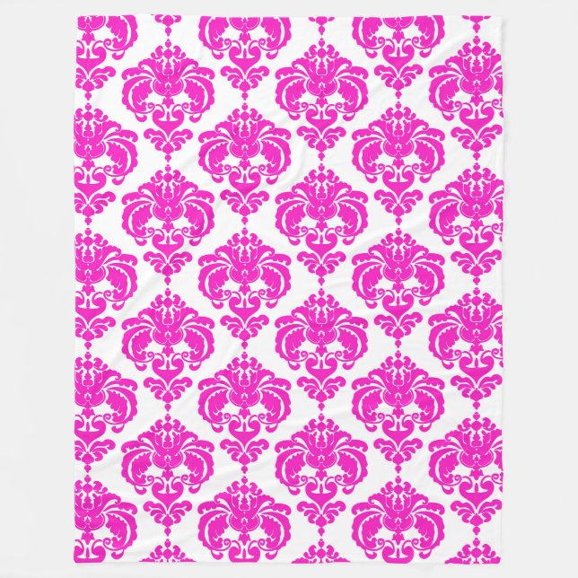 Pink & White Damask Pattern Chic Elegant Trendy Fleece Blanket (Front)