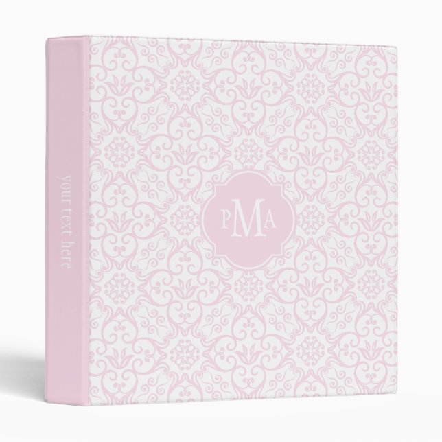 Pink & White Damask Pattern Monogram Binder (Front/Spine)