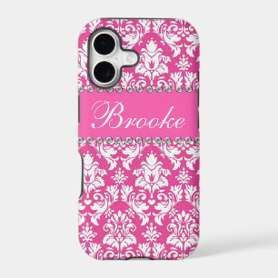 Pink & White Damask Rhinestone Bling Name Case