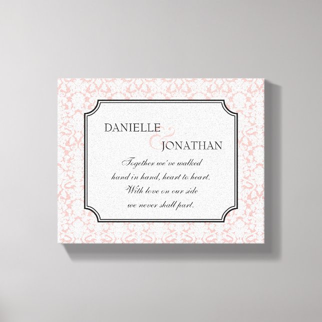 Pink white damask wedding personalized canvas art (Front)
