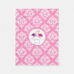 Pink & White Damasks With Pink And Blue Flamingos Fleece Blanket