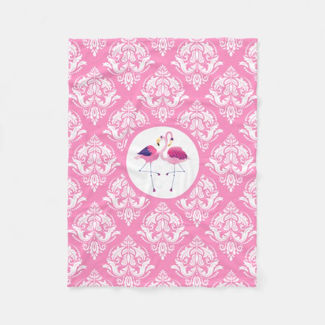 Pink & White Damasks With Pink And Blue Flamingos Fleece Blanket (Front)