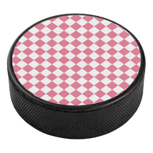 Pink White Diamond Chequered Pattern Hockey Puck