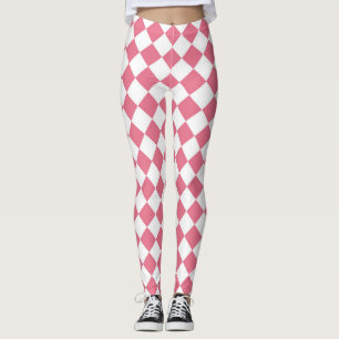 Pink White Diamond Chequered Pattern Leggings