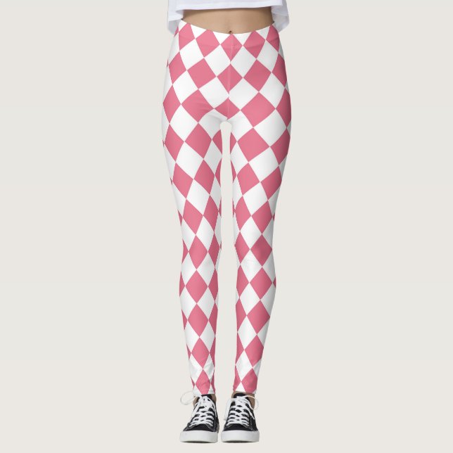 Pink White Diamond Chequered Pattern Leggings (Front)