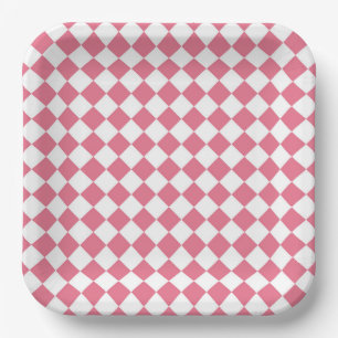 Pink White Diamond Chequered Pattern Paper Plate