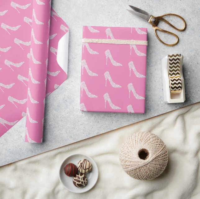 Pink White Diamond High Heel Shoe Wedding Wrapping Paper (Crafts)