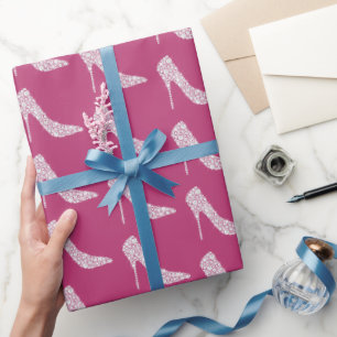 Pink White Diamond High Heel Shoes Bridal Shower Wrapping Paper