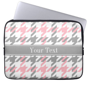 Pink White Dk Gray Houndstooth Name Monogram Laptop Sleeve