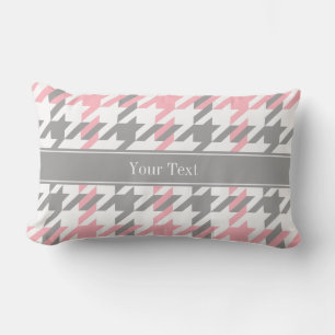 Pink White Dk Grey Houndstooth Name Monogram Lumbar Pillow