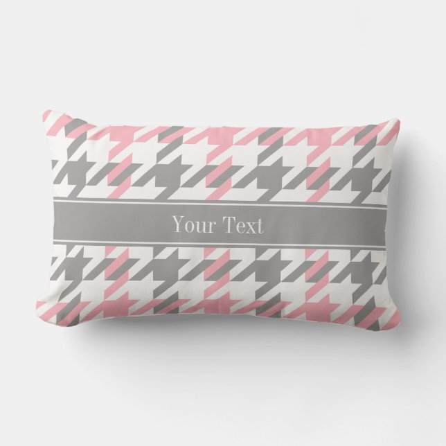 Pink White Dk Grey Houndstooth Name Monogram Lumbar Pillow (Front)