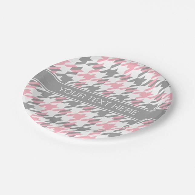 Pink White Dk Grey Houndstooth Name Monogram Paper Plate (Angled)