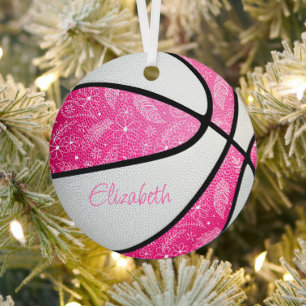 pink white doodle floral boho pattern basketball metal ornament