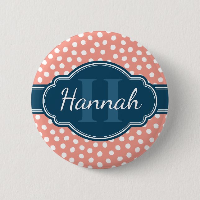 Pink White Dotted Pattern Navy Monogram 2 Inch Round Button (Front)