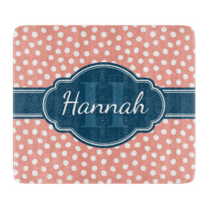Pink White Dotted Pattern Navy Monogram Cutting Board