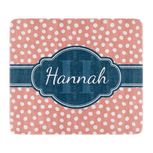 Pink White Dotted Pattern Navy Monogram Cutting Board (Front)