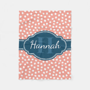 Pink White Dotted Pattern Navy Monogram Fleece Blanket