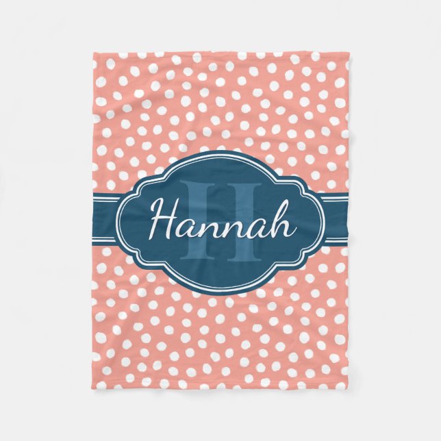 Pink White Dotted Pattern Navy Monogram Fleece Blanket (Front)