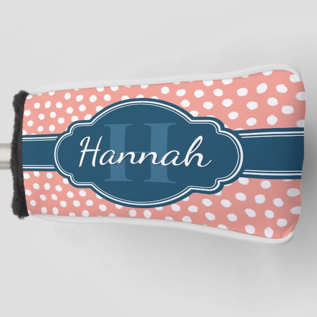 Pink White Dotted Pattern Navy Monogram Golf Head Cover (Front)