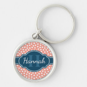 Pink White Dotted Pattern Navy Monogram Keychain