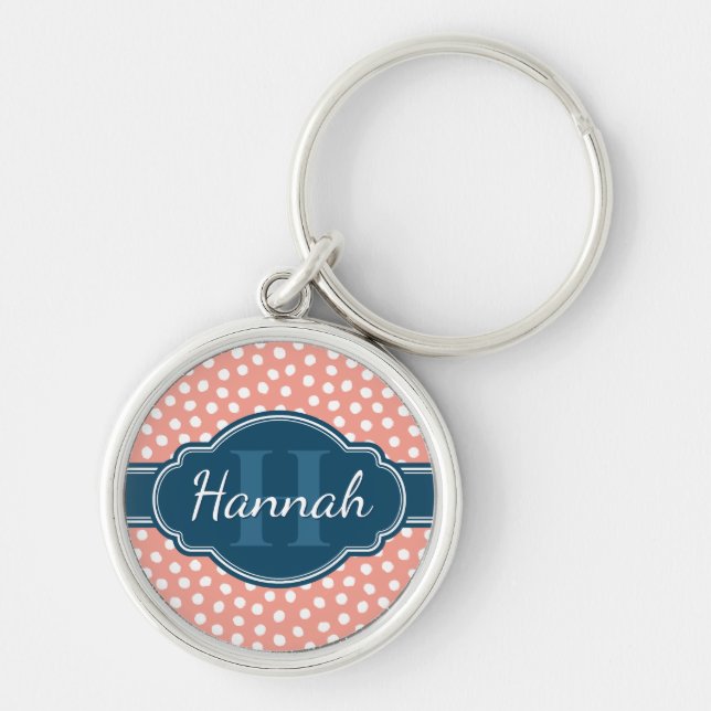 Pink White Dotted Pattern Navy Monogram Keychain (Front)