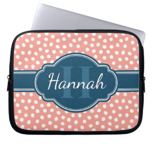 Pink White Dotted Pattern Navy Monogram Laptop Sleeve