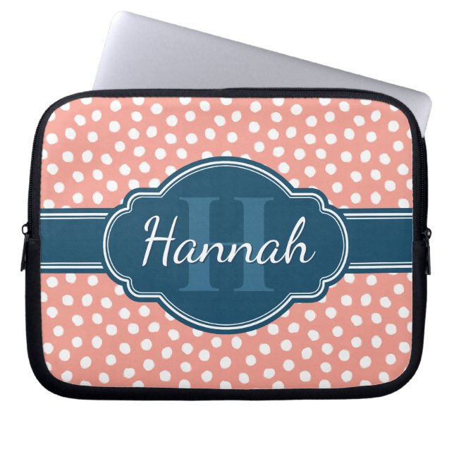 Pink White Dotted Pattern Navy Monogram Laptop Sleeve (Front)