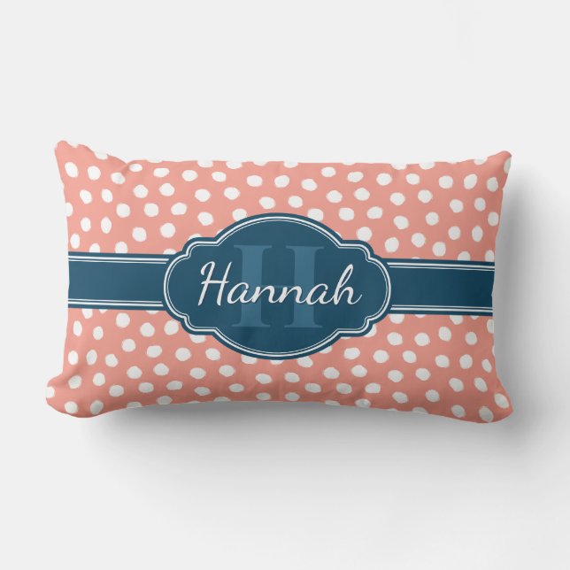 Pink White Dotted Pattern Navy Monogram Lumbar Pillow (Front)