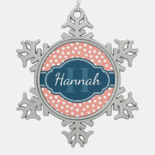 Pink White Dotted Pattern Navy Monogram Snowflake Pewter Christmas Ornament