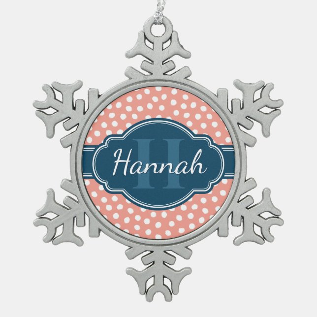 Pink White Dotted Pattern Navy Monogram Snowflake Pewter Christmas Ornament (Front)