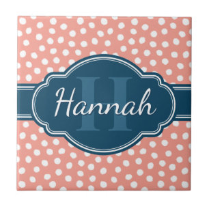 Pink White Dotted Pattern Navy Monogram Tile