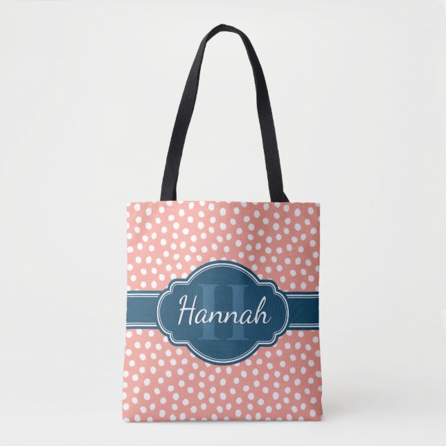Pink White Dotted Pattern Navy Monogram Tote Bag (Front)