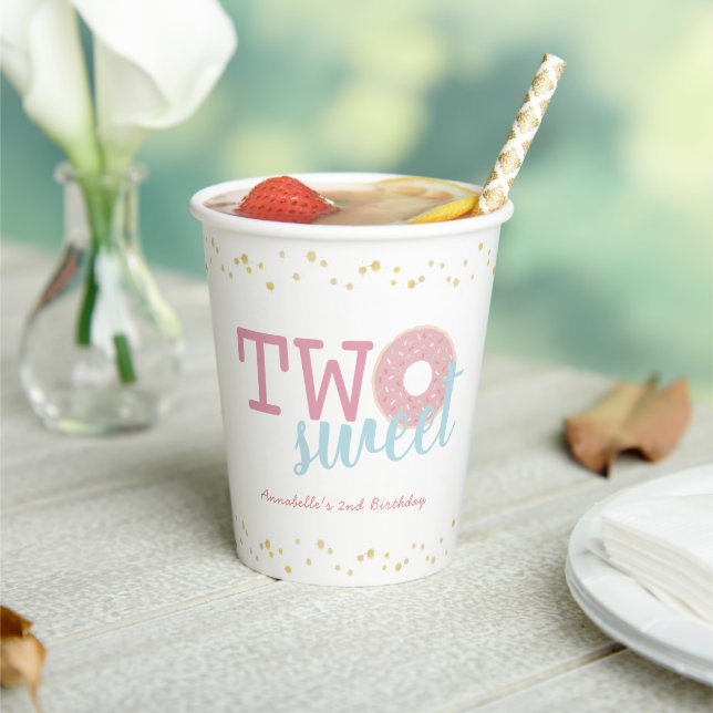 Pink White Doughnut Two Sweet 2nd Birthday Paper Cups (Insitu)