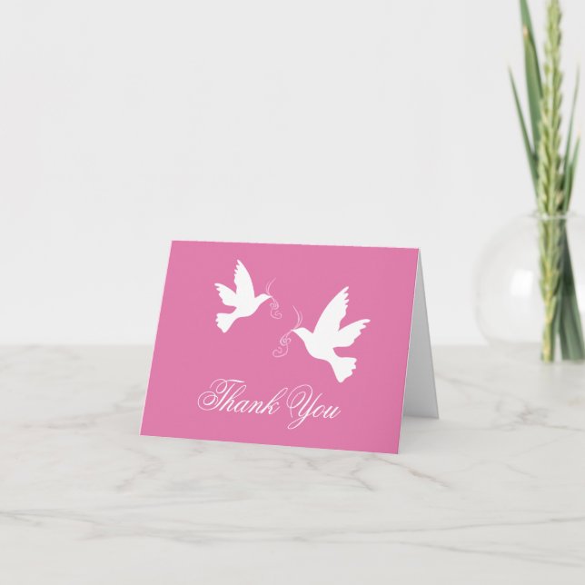 Pink & white dove birds wedding thank you card (Front)