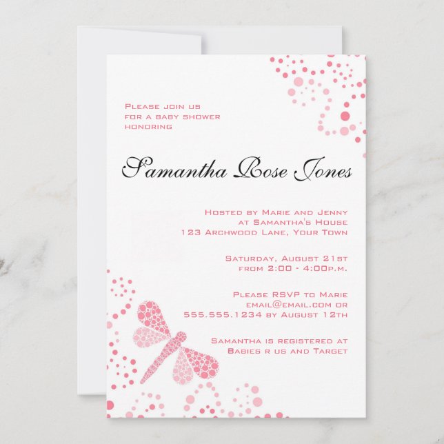 Pink & White Dragonfly Elegant Baby Shower Invitation (Front)