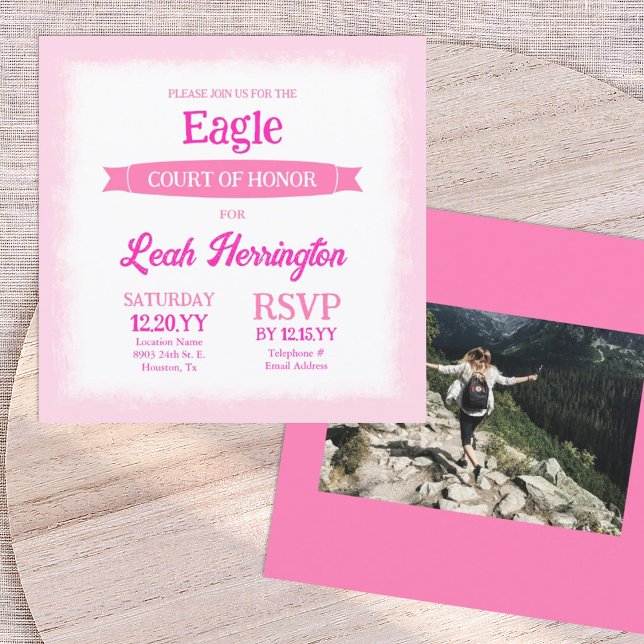 Pink & White Eagle Court of Honor Party Invitation (Pink eagle scout court of honor photo invitation with decorative banner ribbon)