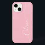 Pink White Elegant Calligraphy Script Name Case-Mate iPhone 14 Case<br><div class="desc">Pink White Elegant Calligraphy Script Custom Personalized Name iPhone 14 Smart Phone Cases features a modern and trendy simple and stylish design with your personalized name in elegant hand written calligraphy script typography on a soft pink background. Designed by ©Evco Studio www.zazzle.com/store/evcostudio</div>