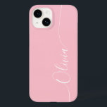 Pink White Elegant Calligraphy Script Name Case-Mate iPhone 14 Case<br><div class="desc">Pink White Elegant Calligraphy Script Custom Personalized Name iPhone 14 Smart Phone Cases features a modern and trendy simple and stylish design with your personalized name in elegant hand written calligraphy script typography on a soft pink background. Designed by ©Evco Studio www.zazzle.com/store/evcostudio</div>