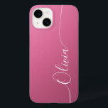 Pink White Elegant Calligraphy Script Name Case-Mate iPhone 14 Case<br><div class="desc">Pink Shimmer White Elegant Calligraphy Script Custom Personalized Name iPhone 14 Smart Phone Cases features a modern and trendy simple and stylish design with your personalized name in elegant hand written calligraphy script typography on a metallic pink shimmer background. Designed by ©Evco Studio www.zazzle.com/store/evcostudio</div>