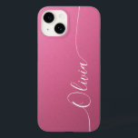 Pink White Elegant Calligraphy Script Name Case-Mate iPhone 14 Case<br><div class="desc">Pink Shimmer White Elegant Calligraphy Script Custom Personalized Name iPhone 14 Smart Phone Cases features a modern and trendy simple and stylish design with your personalized name in elegant hand written calligraphy script typography on a metallic pink shimmer background. Designed by ©Evco Studio www.zazzle.com/store/evcostudio</div>