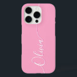 Pink White Elegant Calligraphy Script Name iPhone 16 Pro Case<br><div class="desc">Pink Elegant White Calligraphy Script Custom Personalized Name iPhone 16 Pro Smart Phone Cases features a modern and trendy simple and stylish design with your personalized name in elegant hand written calligraphy script typography on a pink background. Designed by ©Evco Studio www.zazzle.com/store/evcostudio</div>