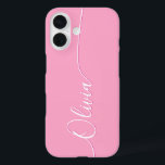 Pink White Elegant Calligraphy Script Name iPhone 16 Case<br><div class="desc">Pink Elegant White Calligraphy Script Custom Personalized Name iPhone 16  Smart Phone Cases features a modern and trendy simple and stylish design with your personalized name in elegant hand written calligraphy script typography on a pink background. Designed by ©Evco Studio www.zazzle.com/store/evcostudio</div>