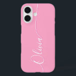 Pink White Elegant Calligraphy Script Name iPhone 16 Case<br><div class="desc">Pink Elegant White Calligraphy Script Custom Personalized Name iPhone 16  Smart Phone Cases features a modern and trendy simple and stylish design with your personalized name in elegant hand written calligraphy script typography on a pink background. Designed by ©Evco Studio www.zazzle.com/store/evcostudio</div>