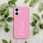 Pink White Elegant Calligraphy Script Name iPhone 16 Case<br><div class="desc">Pink Elegant White Calligraphy Script Custom Personalized Name iPhone 16  Smart Phone Cases features a modern and trendy simple and stylish design with your personalized name in elegant hand written calligraphy script typography on a pink background. Designed by ©Evco Studio www.zazzle.com/store/evcostudio</div>