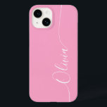 Pink White Elegant Calligraphy Script Name Case-Mate iPhone 14 Case<br><div class="desc">Pink Elegant White Calligraphy Script Custom Personalized Name iPhone 14 Smart Phone Cases features a modern and trendy simple and stylish design with your personalized name in elegant hand written calligraphy script typography on a pink background. Designed by ©Evco Studio www.zazzle.com/store/evcostudio</div>