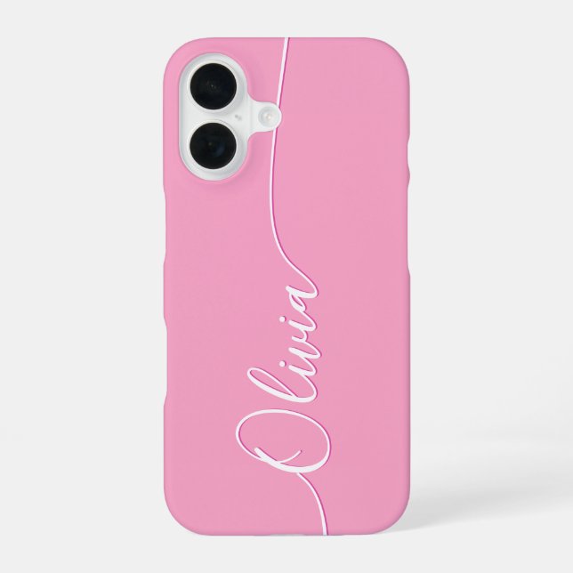 Pink White Elegant Calligraphy Script Name iPhone 16 Case (Back)