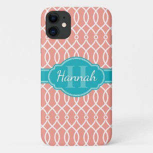 Pink White Elegant Lattice Pattern Teal Monogram iPhone 11 Case