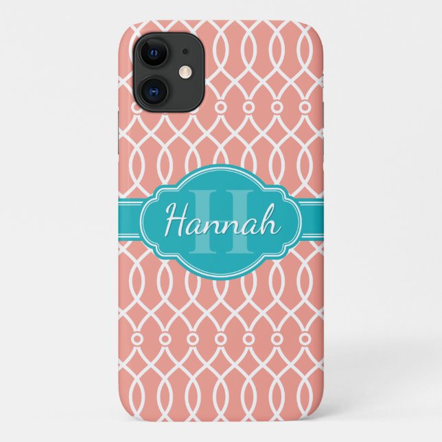 Pink White Elegant Lattice Pattern Teal Monogram Case-Mate iPhone Case (Back)