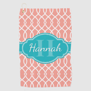Pink White Elegant Lattice Pattern Teal Monogram Golf Towel