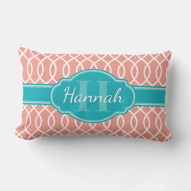 Pink White Elegant Lattice Pattern Teal Monogram Lumbar Pillow (Front)